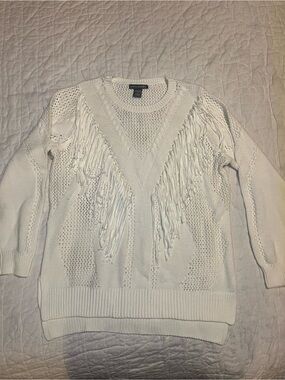 Kate & Mallory Cream ivory Open-Knit Fringe Crewneck Sweater size 1X